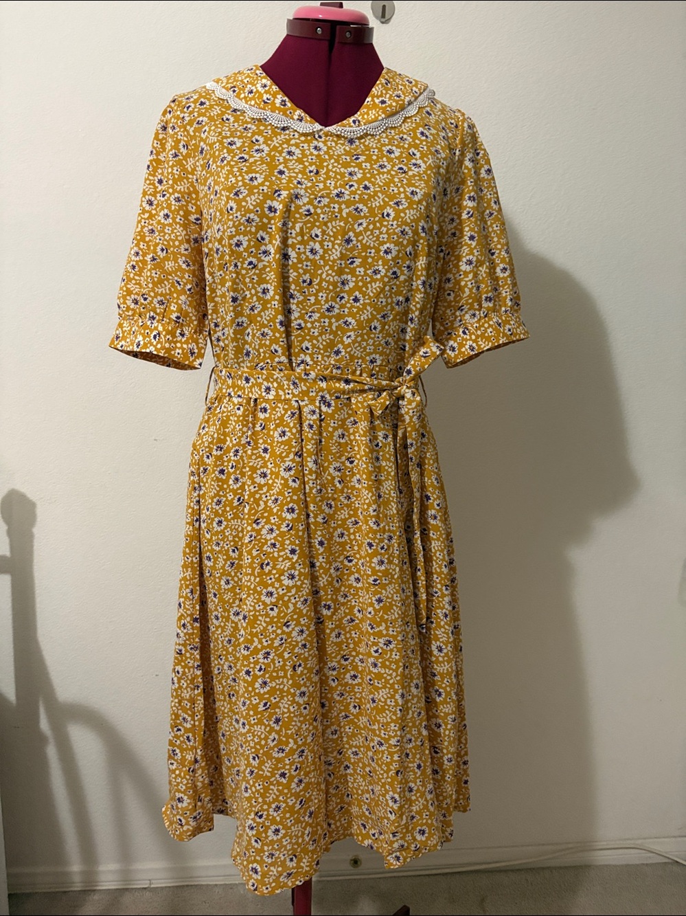 Allegra K Women's Vintage Med floral Peter Pan lace-trimmed Collar yellow Dress